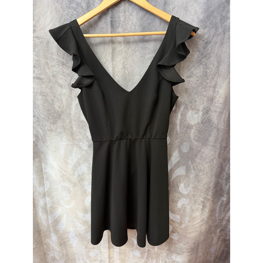 Black Ruffle Sleeve V-Neck Mini‎ Dress with Back Cutout and Gold Zipper Detail